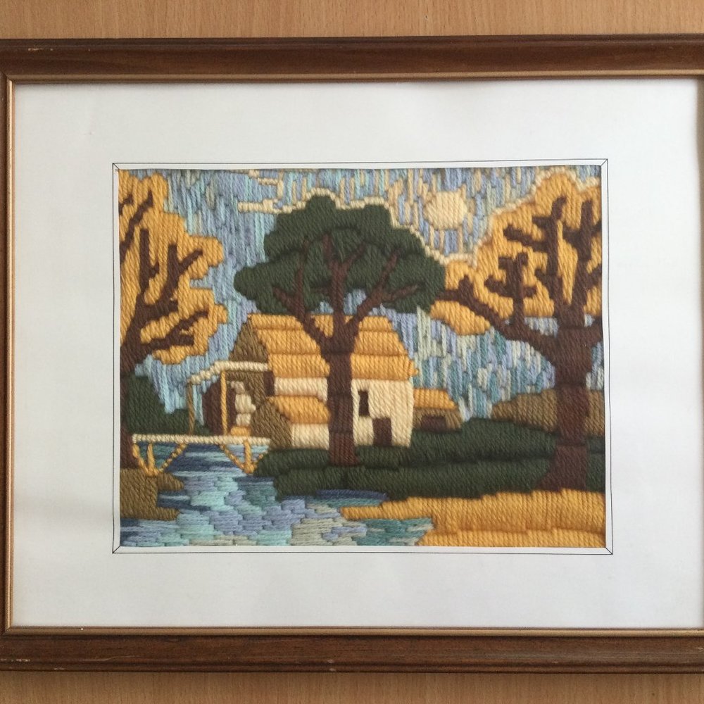 Hand crafted yarn art crew embroidered framed picture trees house